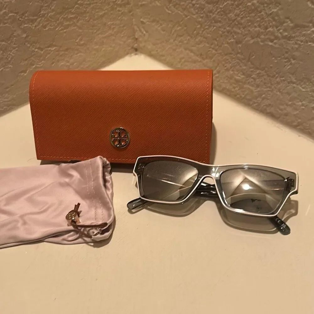 Tory Burch TY7207U Sunglasses Smoke Metallic Cream Trim Bold Futuristic Luxury
